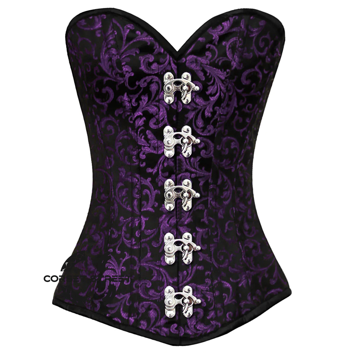 Purple And Black Brocade Front Clasps Gothic Corset Burlesque Overbust Top