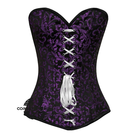 Purple And Black Brocade Front Lace Gothic Corset Overbust Top