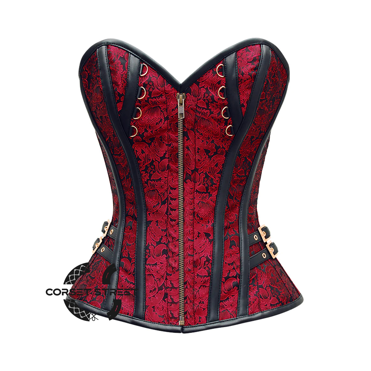 Red And Black Brocade Front Zipper Steampunk Costume Gothic Corset Overbust Top