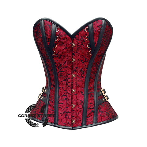 Red And Black Brocade Antique Busk Steampunk Costume Gothic Corset Overbust Top