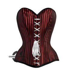 Red And Black Striped Brocade Front Lace Steampunk Costume Gothic Corset Overbust Top