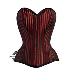 Red And Black Striped Brocade Front Closed Steampunk Costume Gothic Corset Overbust Top