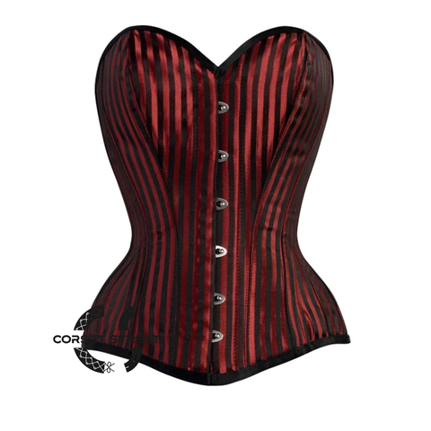 Red And Black Striped Brocade Heavy Duty Steampunk Costume Gothic Corset Overbust Top