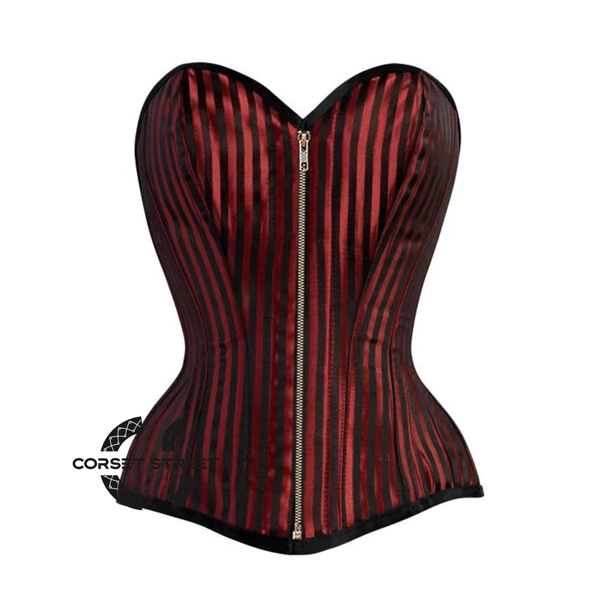 Red And Black Striped Brocade Antique Zipper Steampunk Costume Gothic Corset Overbust Top
