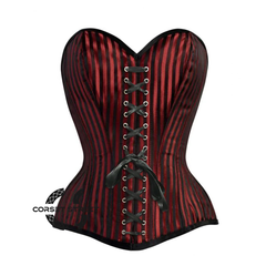 Red And Black Striped Brocade Front Lace Steampunk Costume Gothic Corset Overbust Top