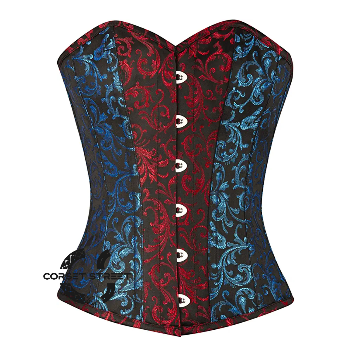 Red Blue And Black Brocade Gothic Overbust Corset