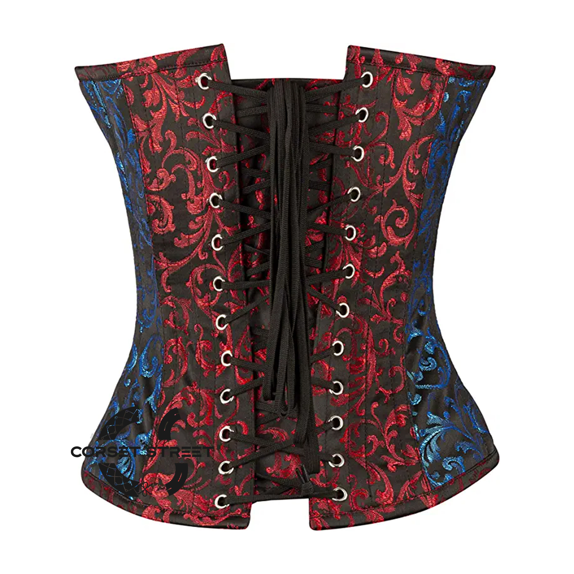 Red Blue And Black Brocade Gothic Overbust Corset