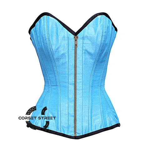 Baby Blue Satin Burlesque Front Zipper Waist Training Costume Gothic Corset Overbust Top