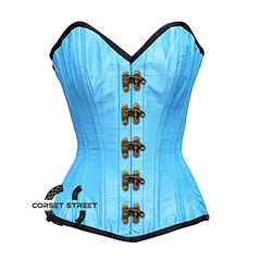 Baby Blue Satin Burlesque Antique Clasps Waist Training Costume Gothic Corset Overbust Top
