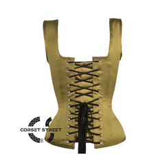 Olive Green Satin Burlesque Shoulder Strap Front Closed Corset Gothic Overbust Bustier Top