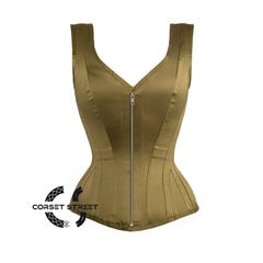 Olive Green Satin Burlesque Shoulder Strap Antique Zipper Corset Gothic Overbust Bustier Top