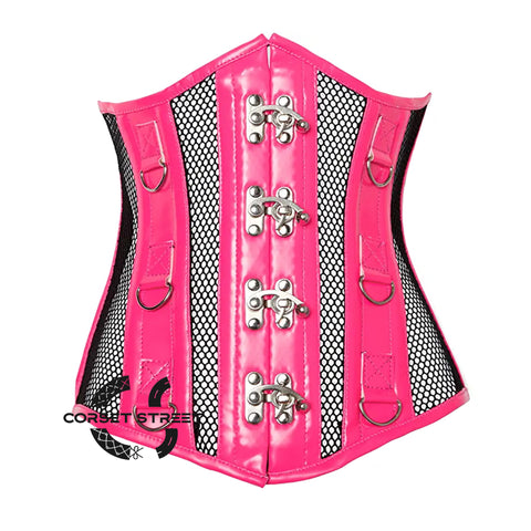 Hot Pink PVC Leather With Black Mesh Steampunk Costume Basque Underbust Corset