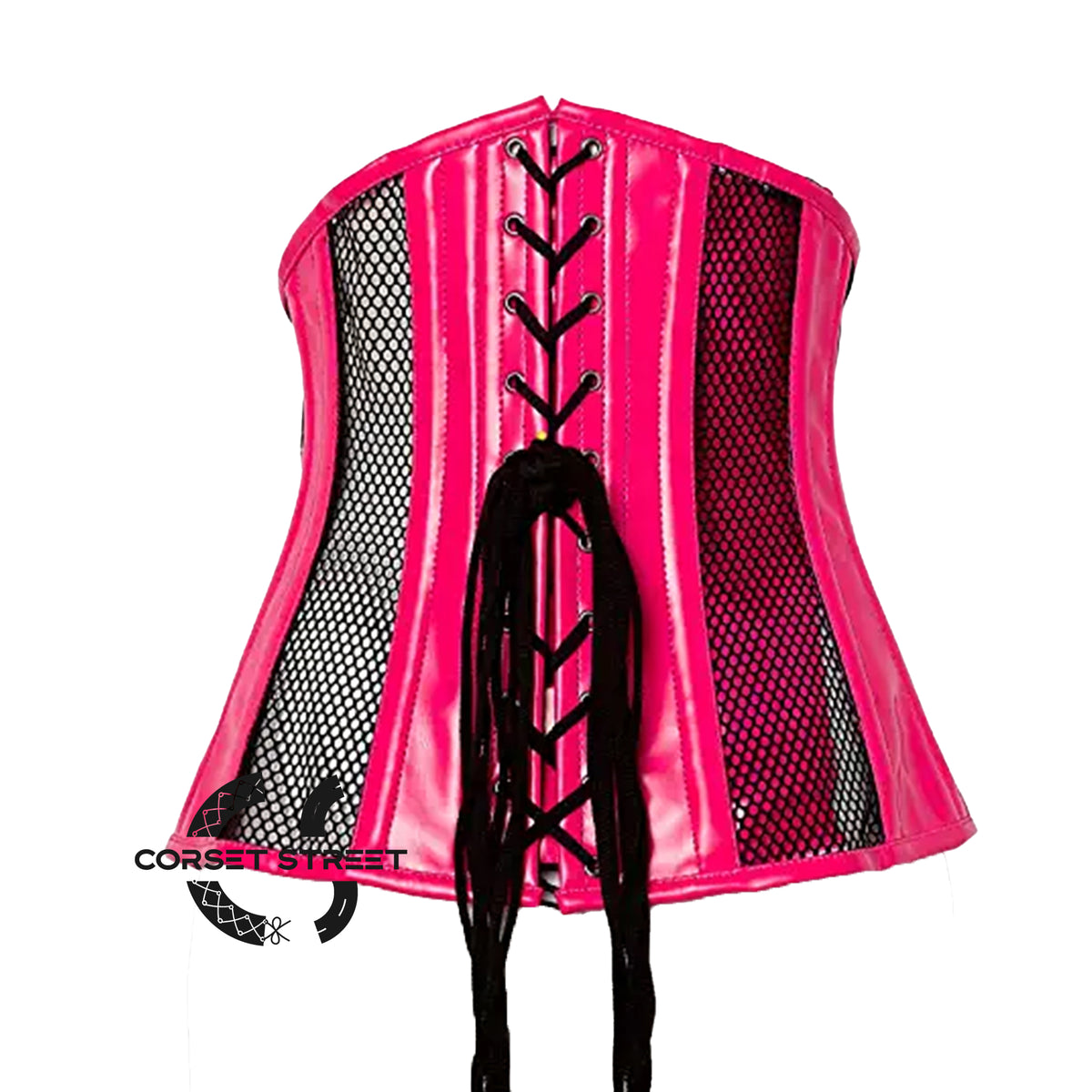 Hot Pink PVC Leather With Black Mesh Steampunk Costume Basque Underbust Corset