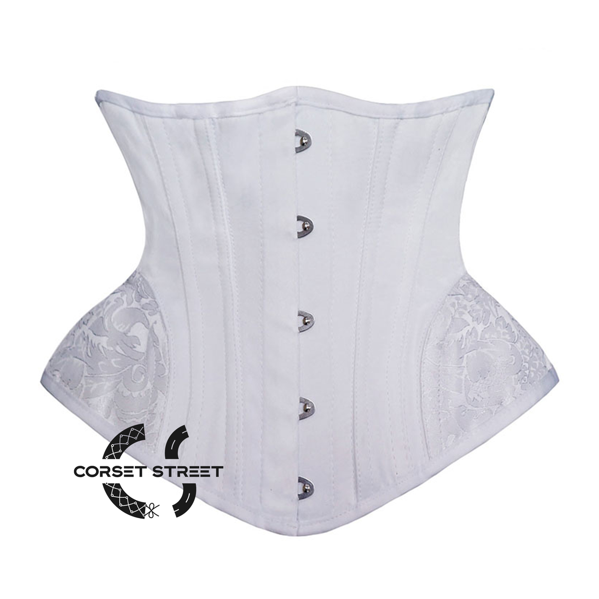 White Satin Side Brocade Design Steampunk Underbust Waspie Corset