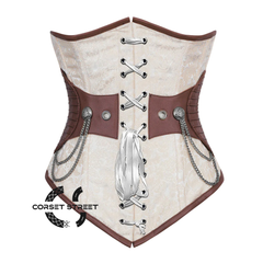 Ivory And White Brocade Brown Leather White Lace Steampunk Underbust Corset