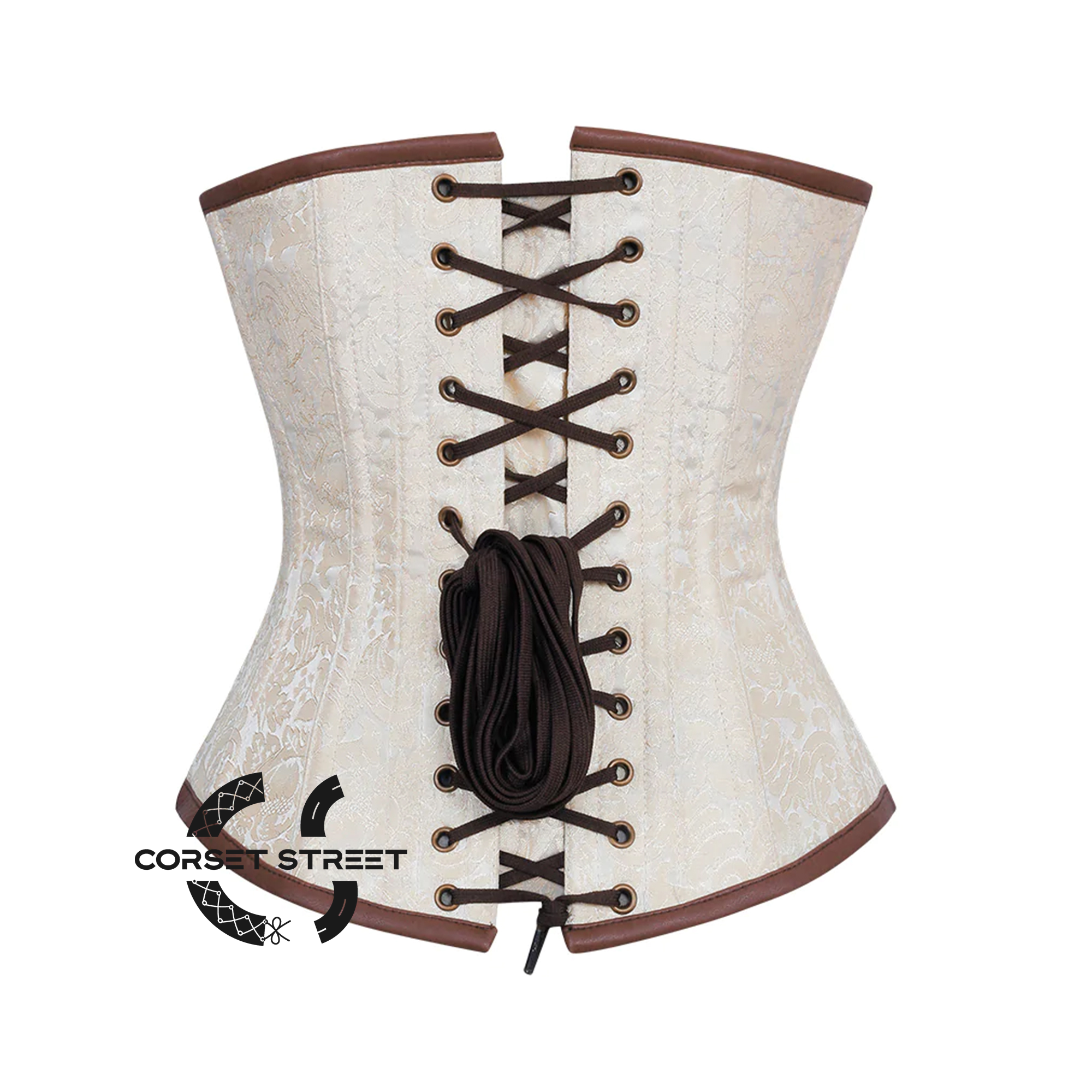 Ivory And White Brocade Brown Leather White Lace Steampunk Underbust Corset