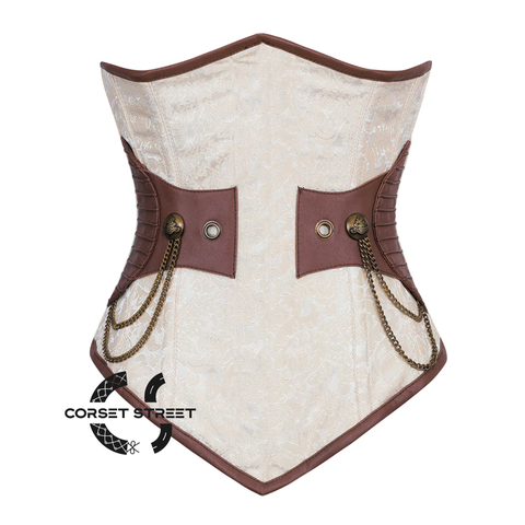 Ivory  And White Brocade Brown Leather Front Closed Steampunk Underbust Corset