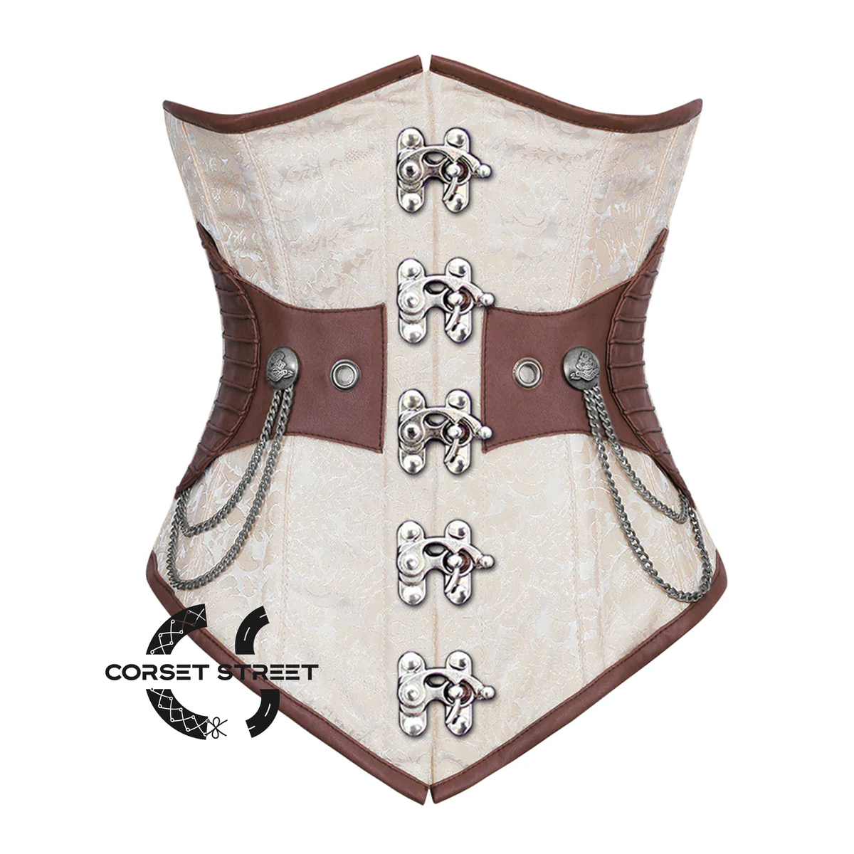 Ivory And White Brocade Brown Leather Silver Clasps Steampunk Underbust Corset