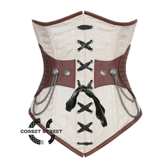 Ivory And White Brocade Brown Leather Front Lace Steampunk Underbust Corset