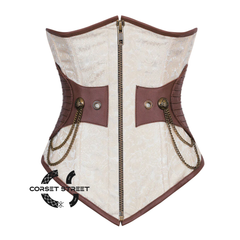 Ivory And White Brocade Brown Leather Antique Zipper Steampunk Underbust Corset