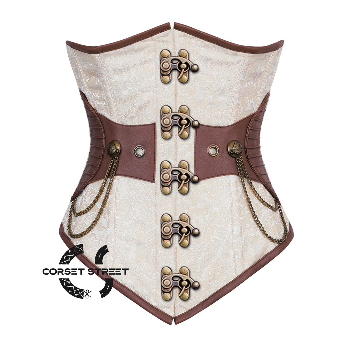 Ivory And White Brocade Brown Leather Antique Clasps Steampunk Underbust Corset