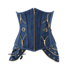 Blue Denim Gothic Heavy Duty Front Zipper Steampunk Waist Training Underbust Corset