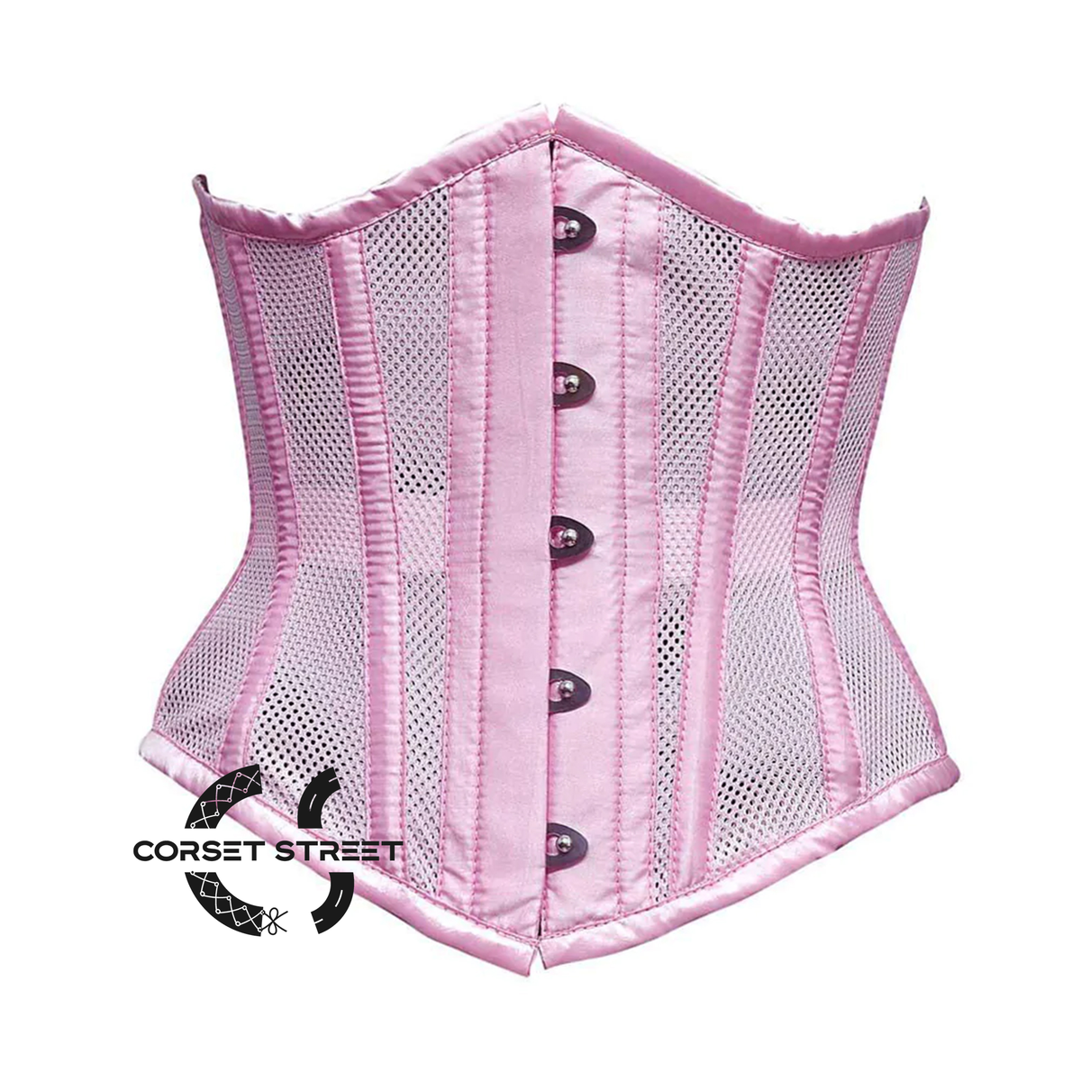 Baby Pink Mesh Satin Stripes Burlesque Gothic Waist Training Underbust Corset