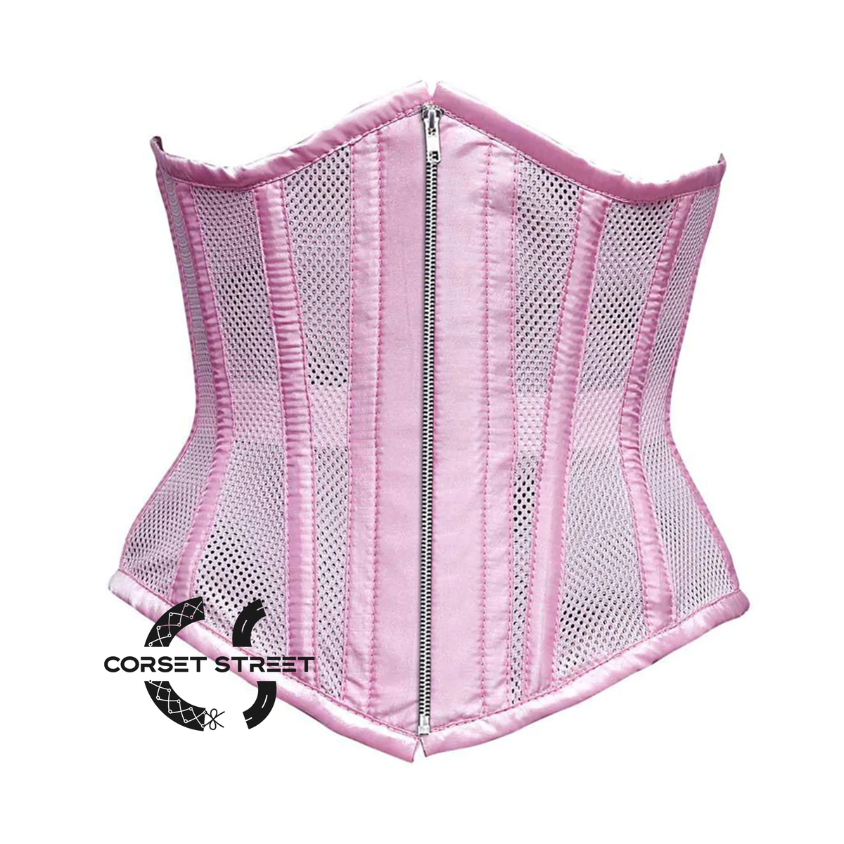 Baby Pink Mesh Satin Stripes Burlesque Gothic Front Zipper Waist Training Underbust Corset