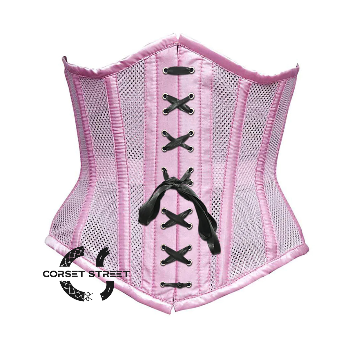 Baby Pink Mesh Satin Stripes Burlesque Front Black Lace Waist Training Underbust Corset