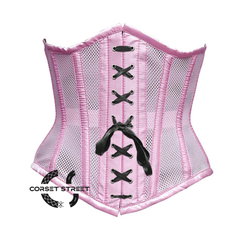 Baby Pink Mesh Satin Stripes Burlesque Front Black Lace Waist Training Underbust Corset