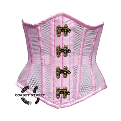 Baby Pink Mesh Satin Stripes Burlesque Gothic Front Antique Clasps Waist Training Underbust Corset