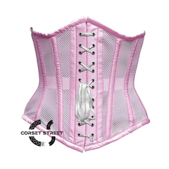 Baby Pink Mesh Satin Stripes Burlesque Gothic Front Lace Waist Training Underbust Corset