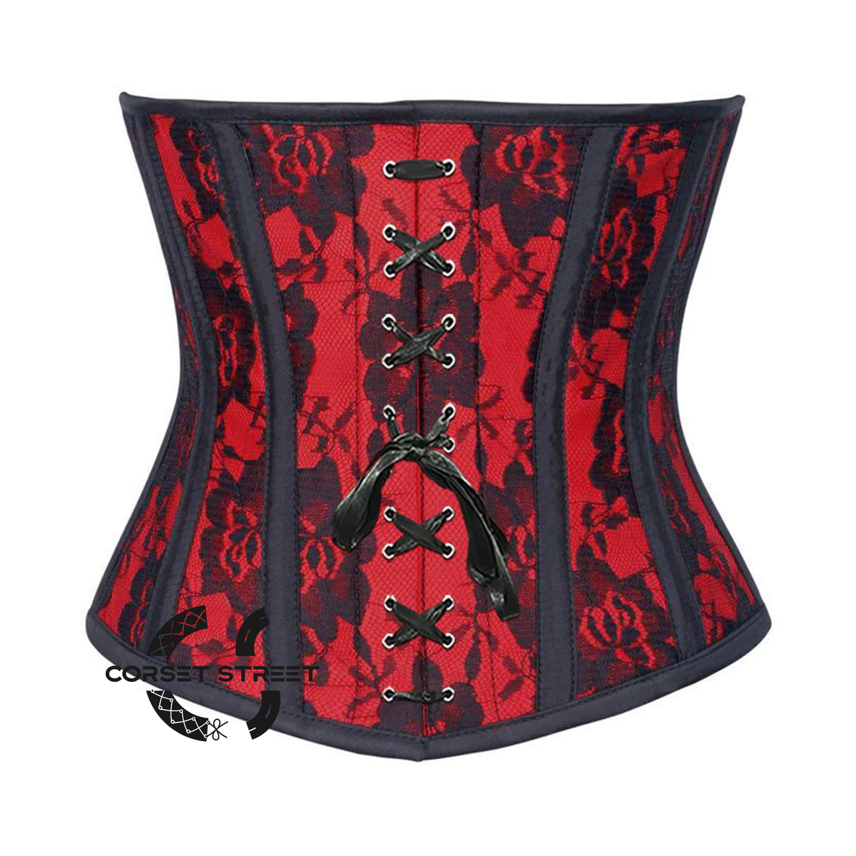 Red Satin Net Overlay With Front Lace Gothic Waist Training Steampunk Underbust Corset