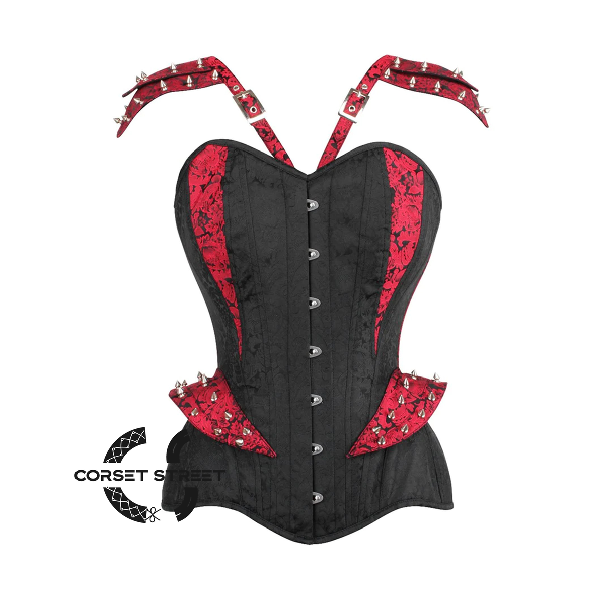 Black Brocade With Red Brocade Stripe On Shoulder Waist Training Steampunk Overbust Corset