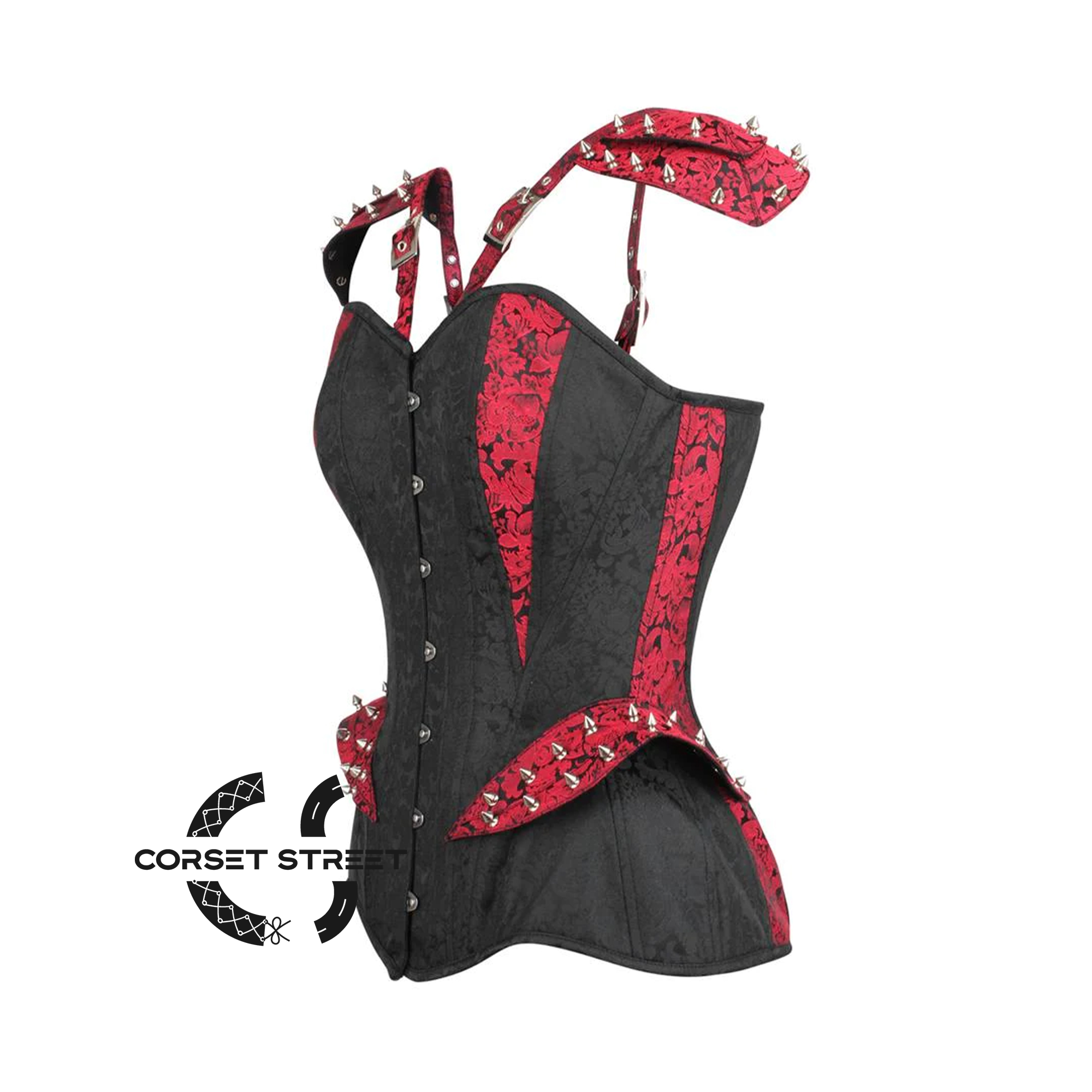 Black Brocade With Red Brocade Stripe On Shoulder Waist Training Steampunk Overbust Corset