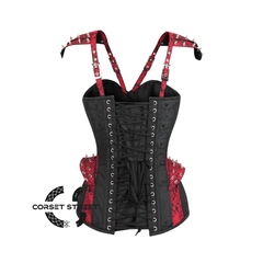 Black Brocade With Red Brocade Stripe On Shoulder Waist Training Steampunk Overbust Corset