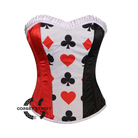 Red Black Satin With White Frill Overbust Corset Bustier Top