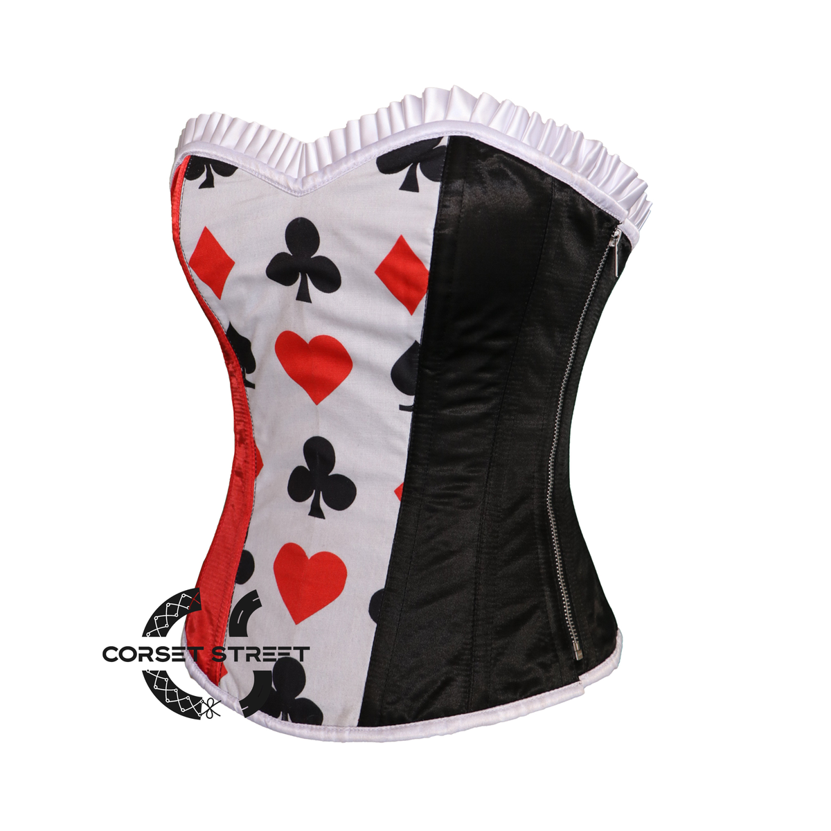 Red Black Satin With White Frill Overbust Corset Bustier Top