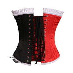 Red Black Satin With White Frill Overbust Corset Bustier Top