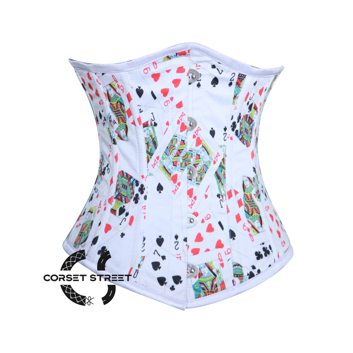Playing Cards Printed White Satin Corset Gothic Costume Underbust Top
