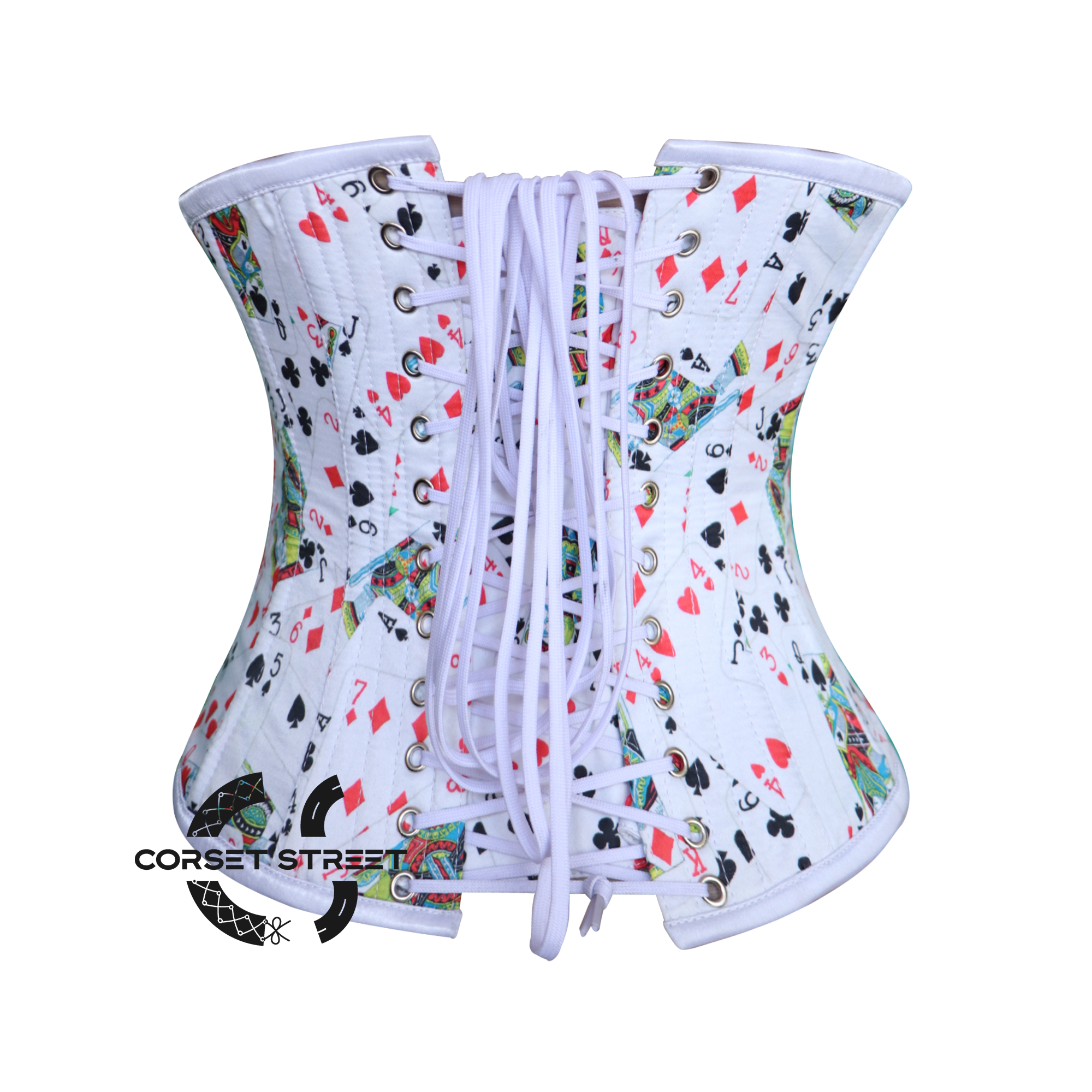 Cardinal Seraphina Playing Cards Printed White Satin Corset Underbust Top