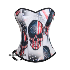 USA Flag Print Skull Cotton Gothic Overbust Burlesque Haunted Corset Top