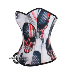 USA Flag Print Skull Cotton Gothic Overbust Burlesque Haunted Corset Top