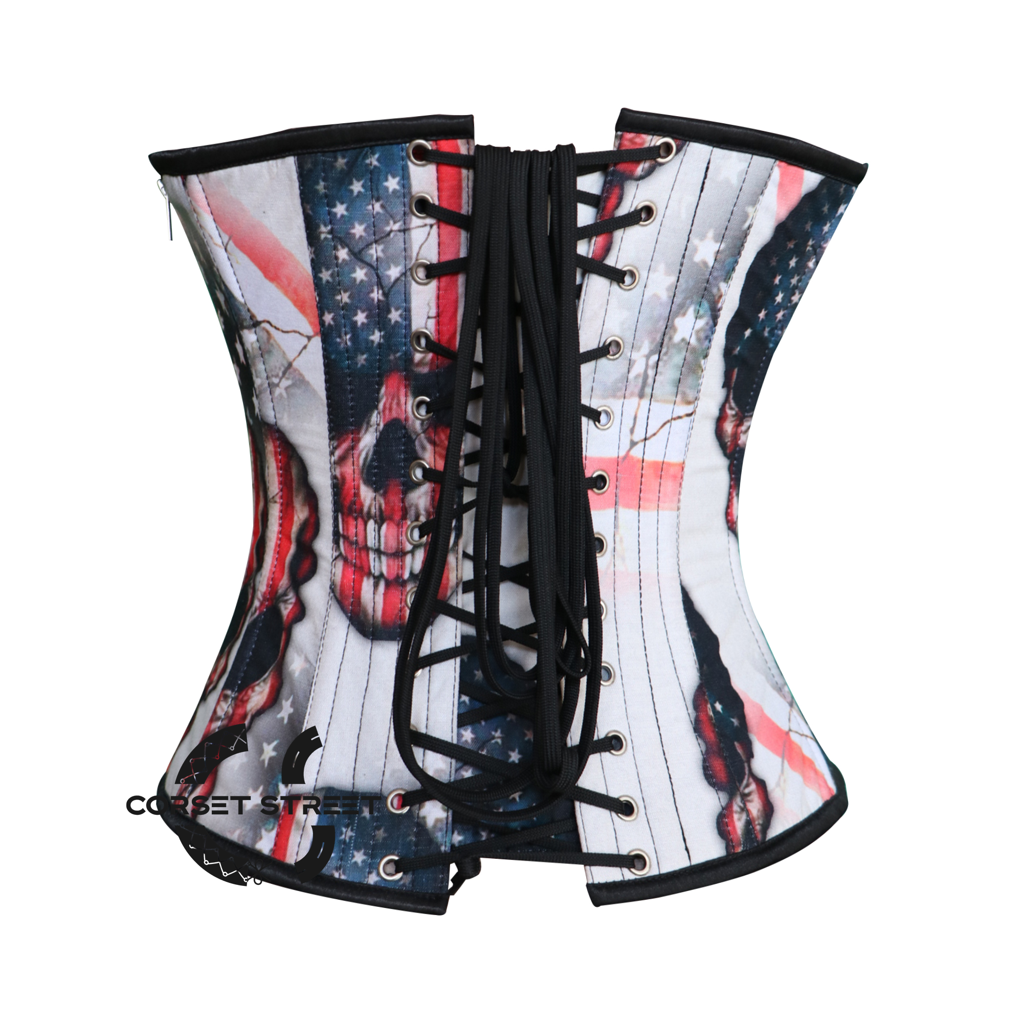 USA Flag Print Skull Cotton Gothic Overbust Burlesque Haunted Corset Top