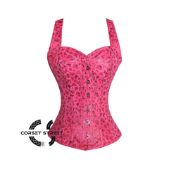 Pink Butterfly Printed Soft Leather Corset With Shoulder Strap Overbust Waist Training Top