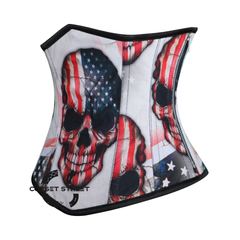 USA Flag Printed Skull Cotton Underbust Gothic Corset Top Haunted Costume