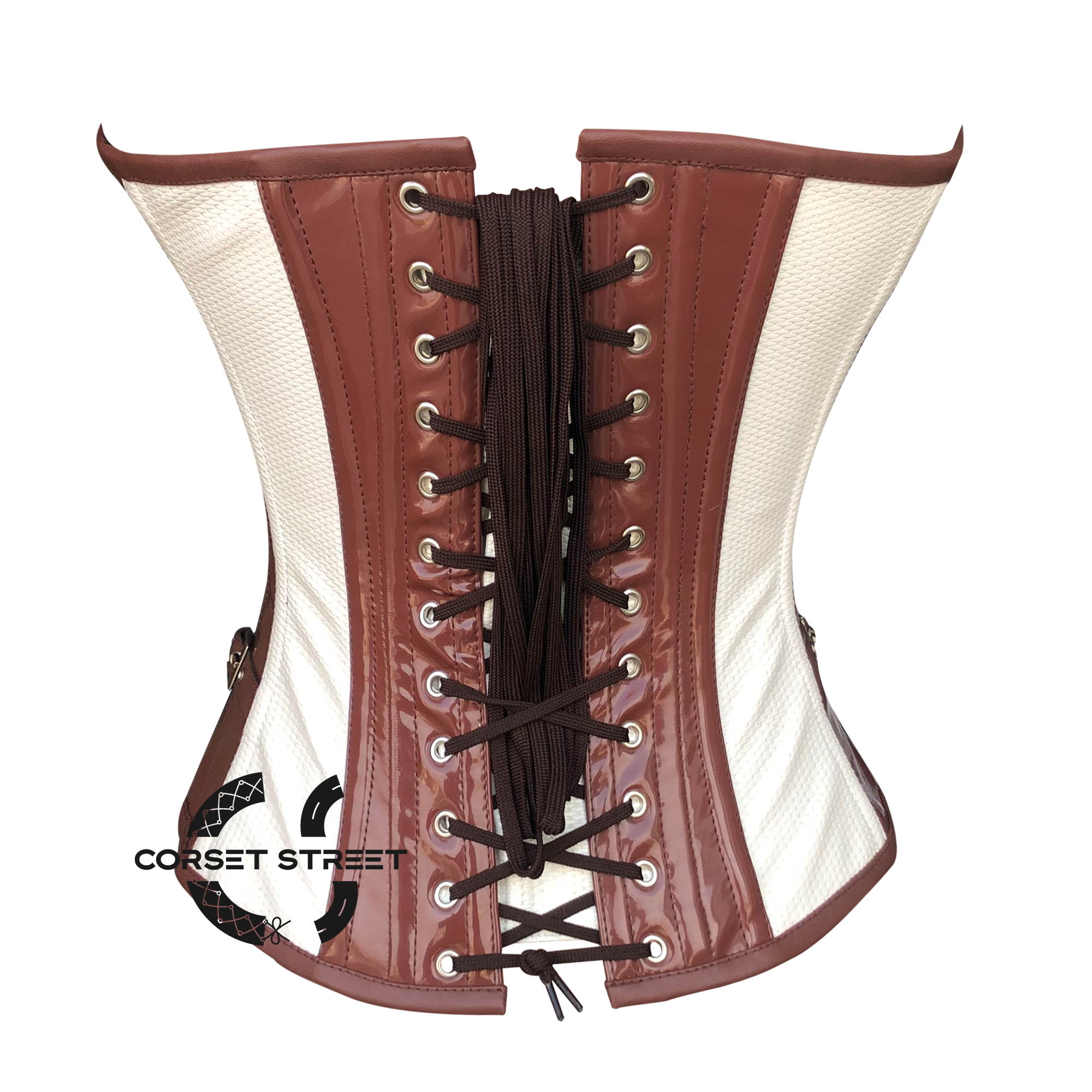 White Rice Leather And Brown PVC Steampunk Overbust Waist Cincher Corset