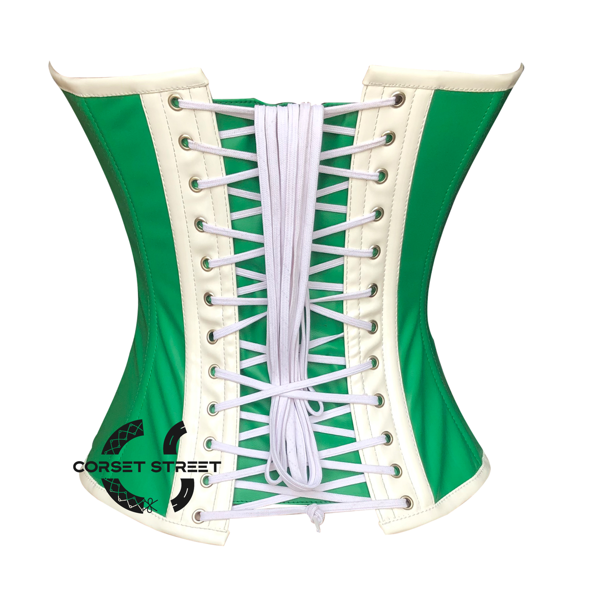 Green Faux Leather White PVC Gothic Overbust Steampunk Waist Cincher Mardi Gras Costume Corset