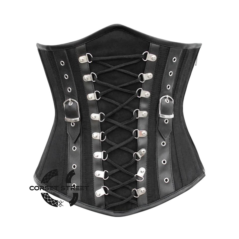 Black Cotton With Leather Strips Underbust Corset Gothic Costume Bustier Top