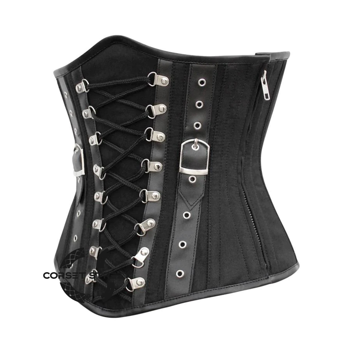Black Cotton With Leather Strips Underbust Corset Gothic Costume Bustier Top